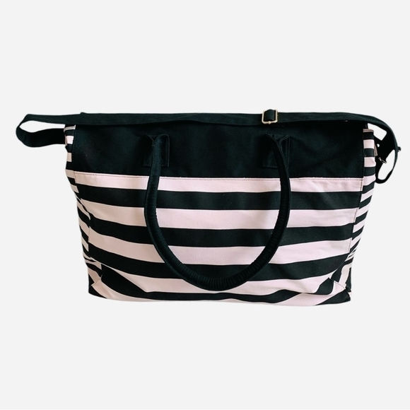 Victoria’s Secret Duffel Bag Black White Pink Stripe Canvas with Makeup Case - Picture 6 of 11